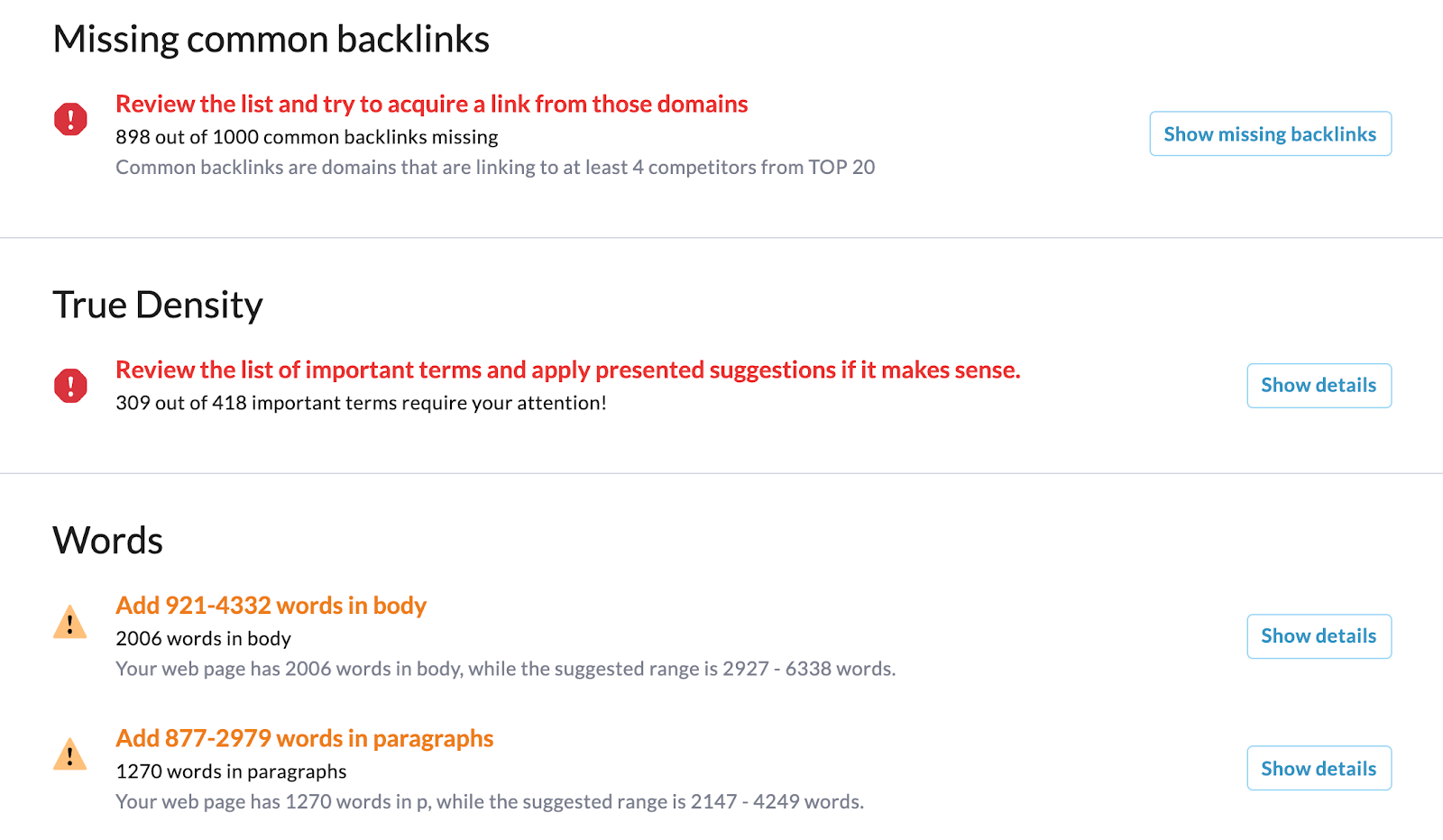 surfer audit: missing backlings, word count, true density