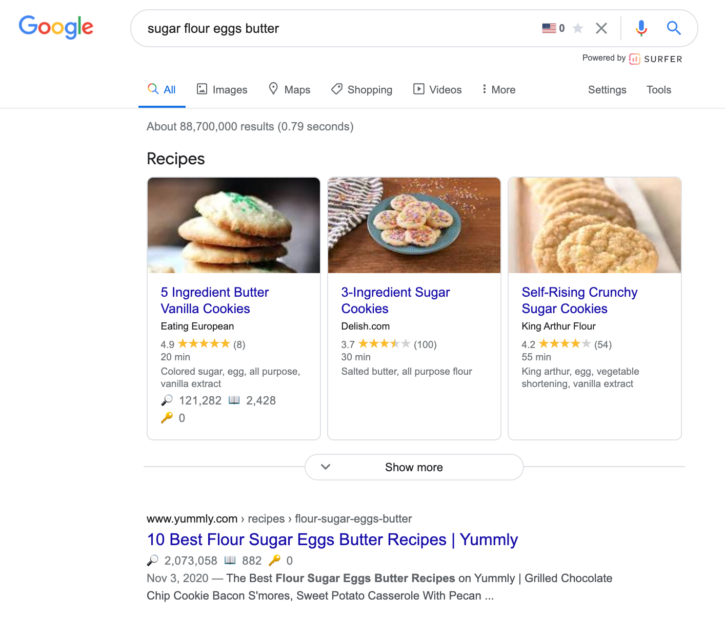 google results for "sugar flour eggs butter" query showing cookie recipesr