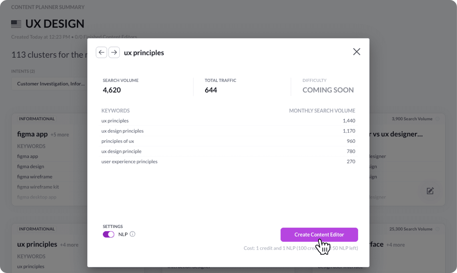 Creating Content Editor from a cluster in Surfer Content Planner