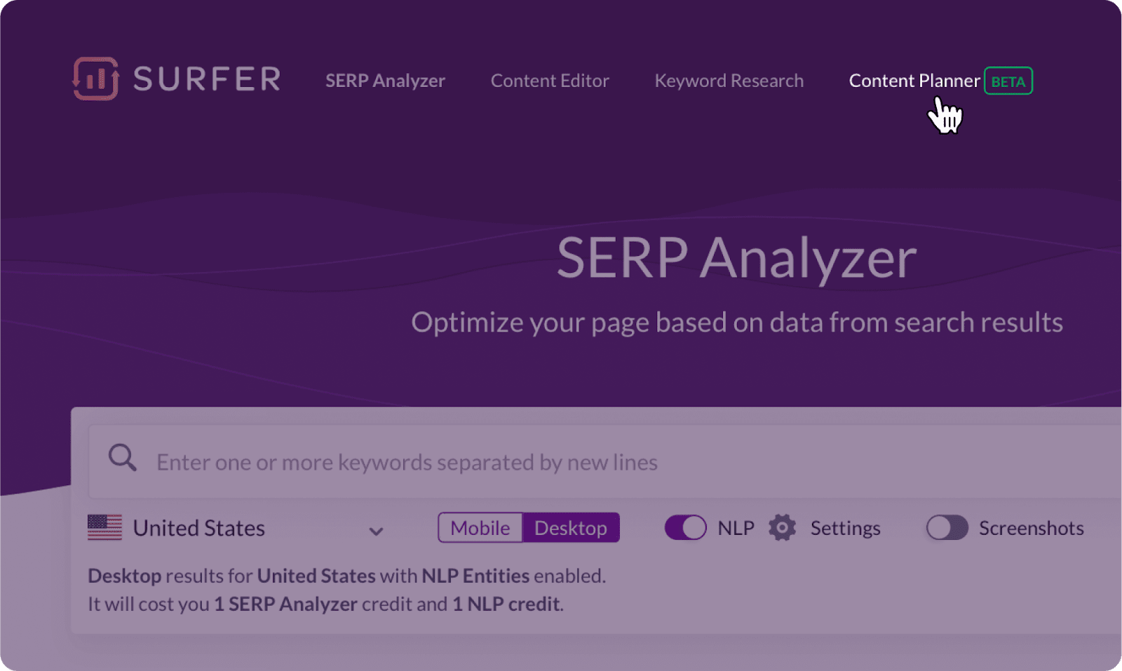 click the content planner feature in Surfer menu