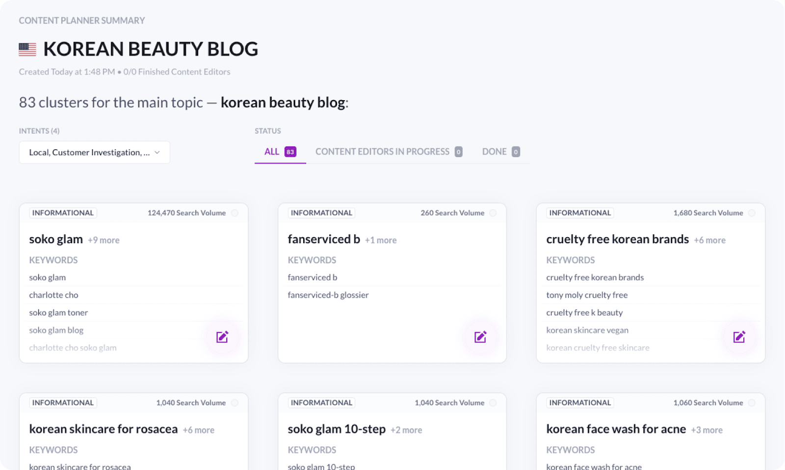 results in surfer content planner for korean beauty blog query