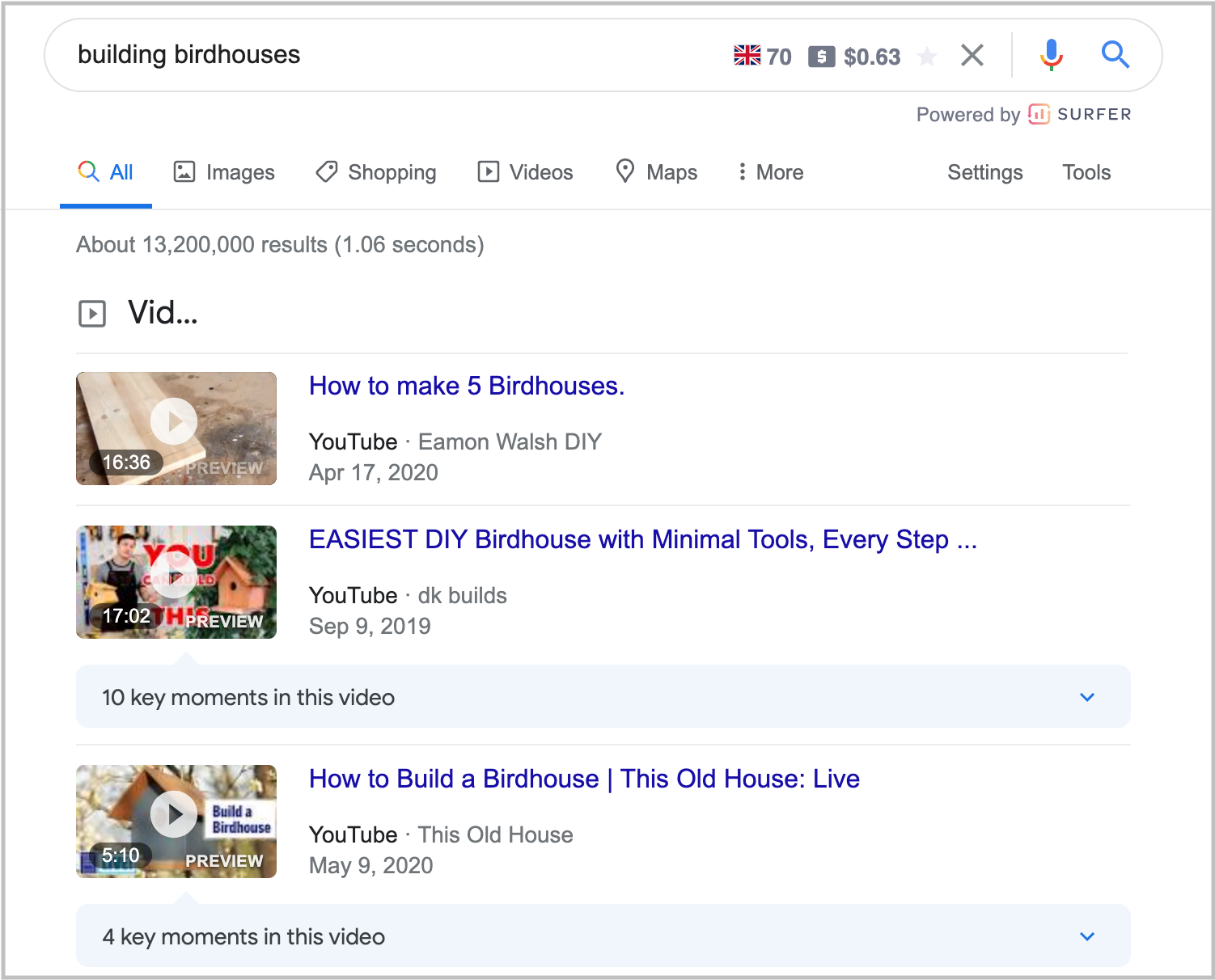 search results with many SERP features