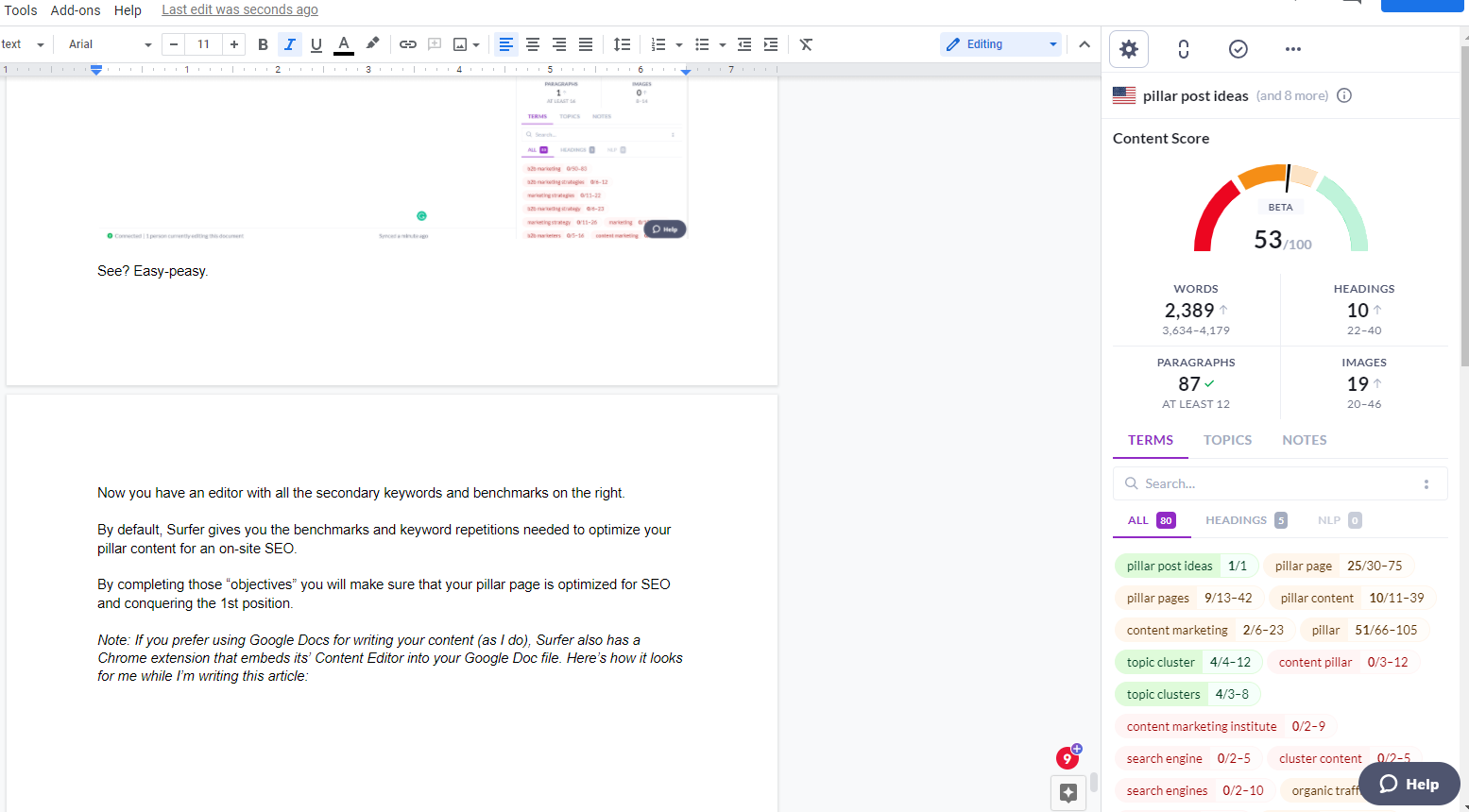 surfer content editor in google docs