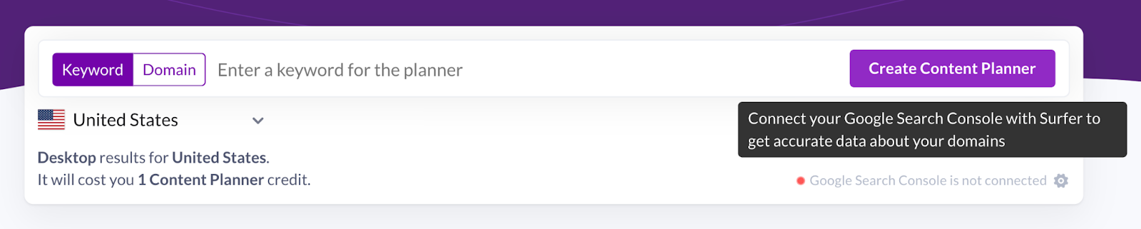 Surfer Content Planner for the Domain connecting Google Search Console