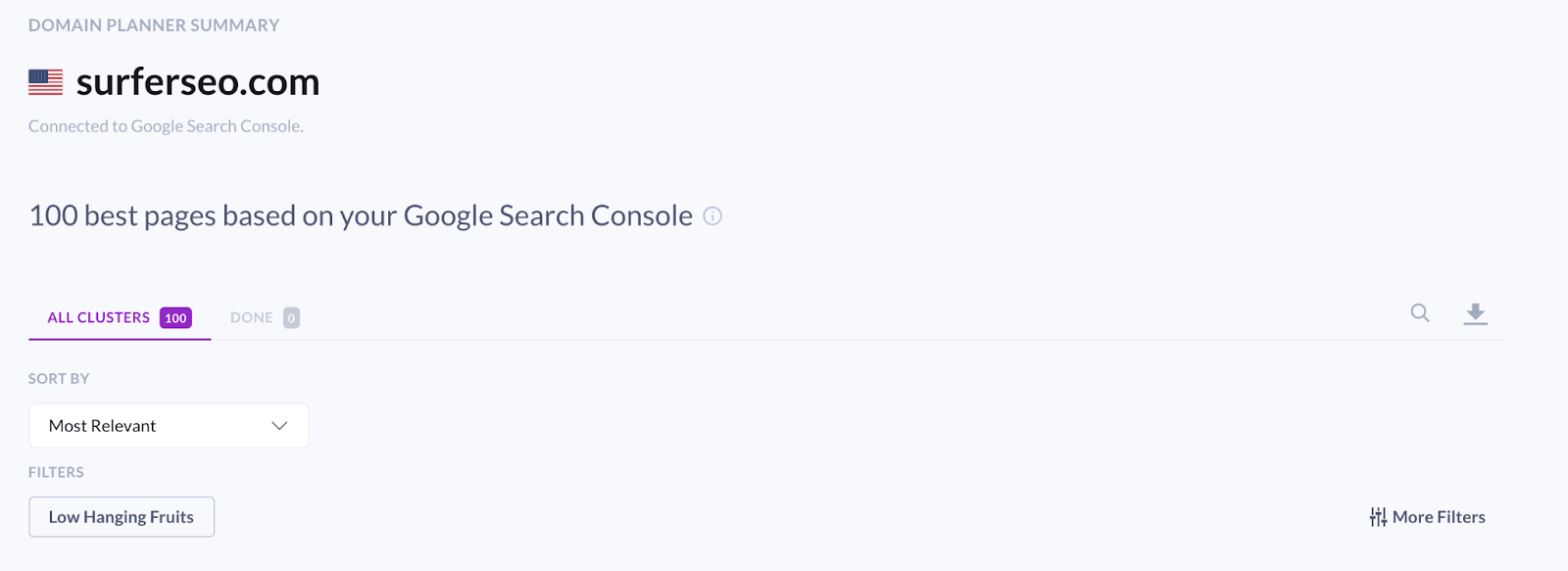 Surfer Content Planner for the domain main view 2