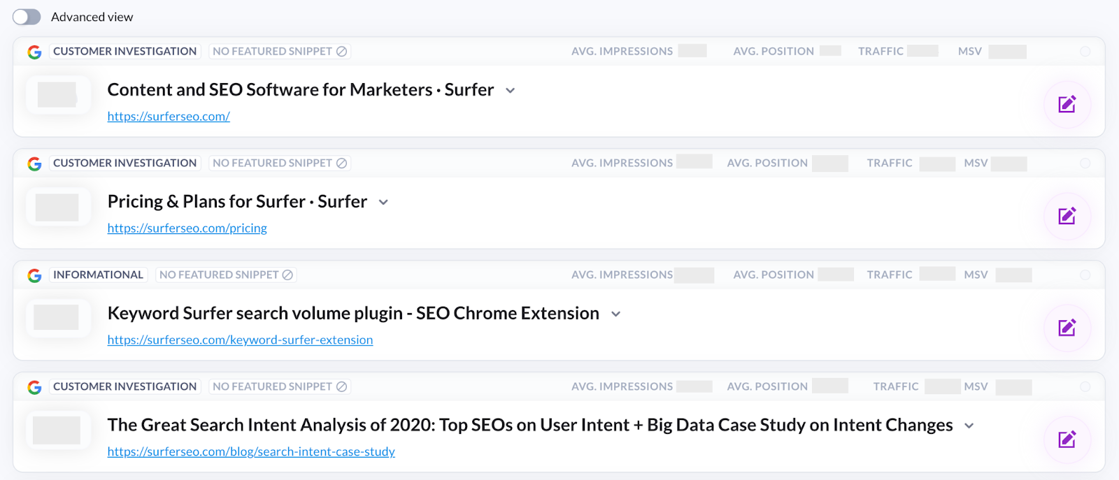 Surfer Content Planner for the domain main view 1