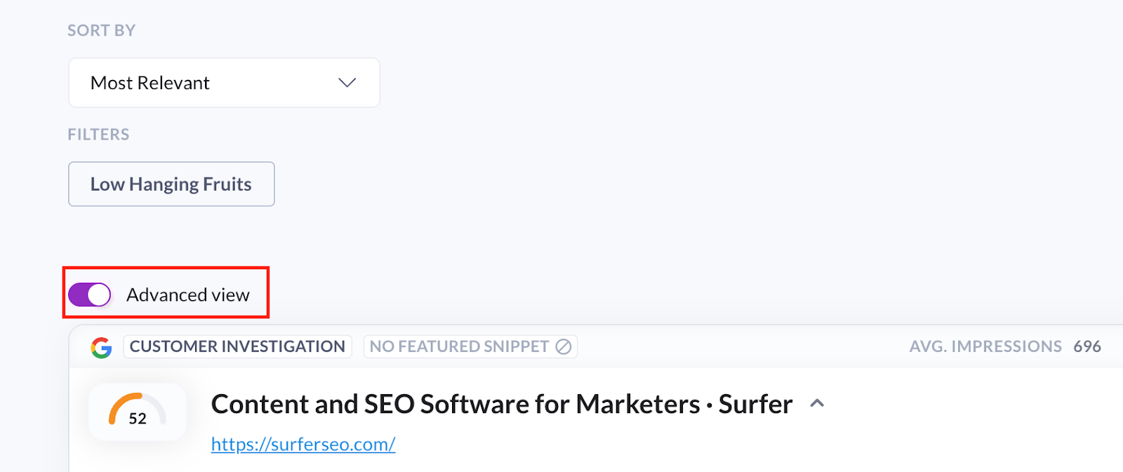 Advanced view in Surfer Content Planner for the domain