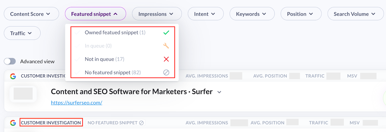 Featured snippets in Surfer Content Planner for the domain