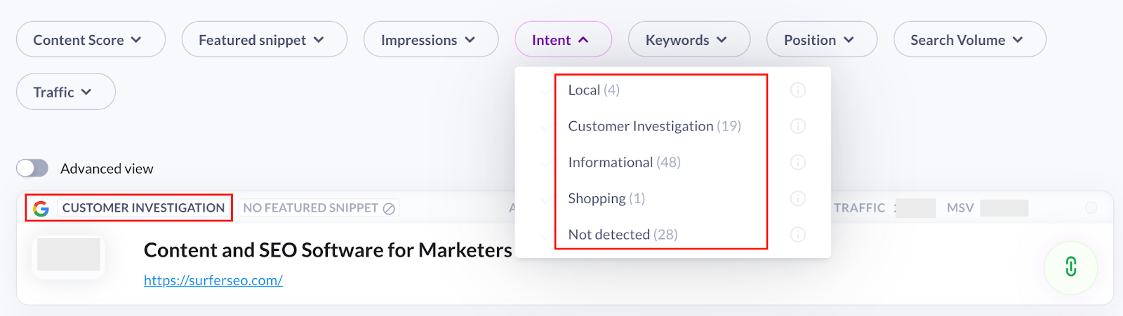 Search intent in Surfer Content Planner for the domain