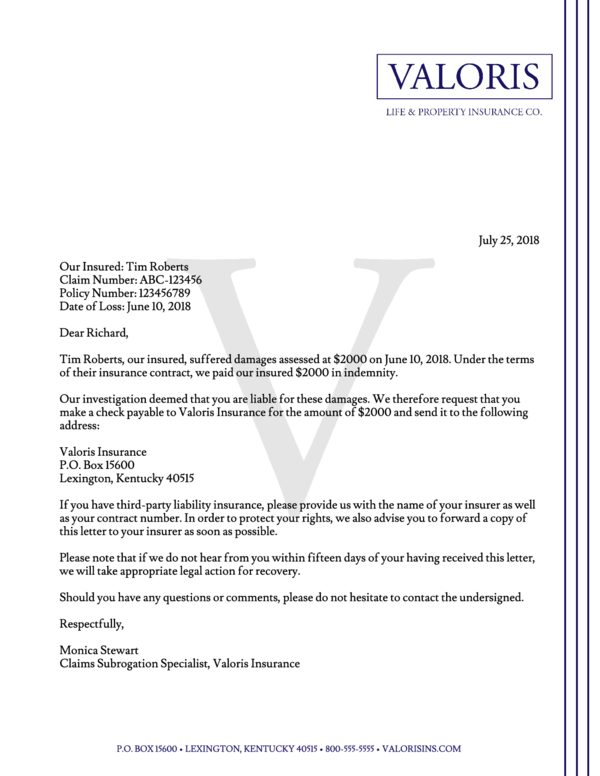 Subrogation Letter Template Lob