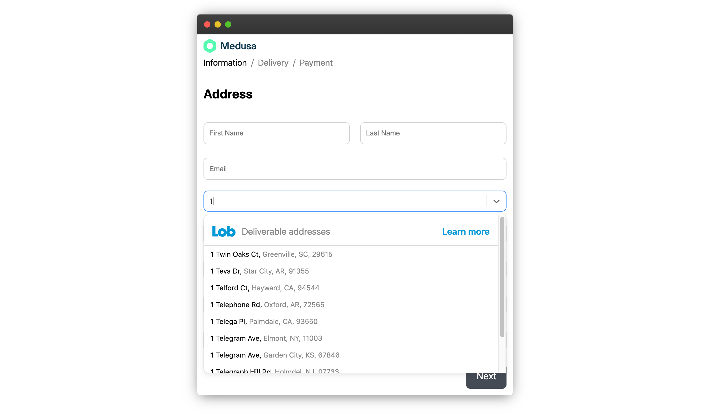 Add address to Medusa.js checkout