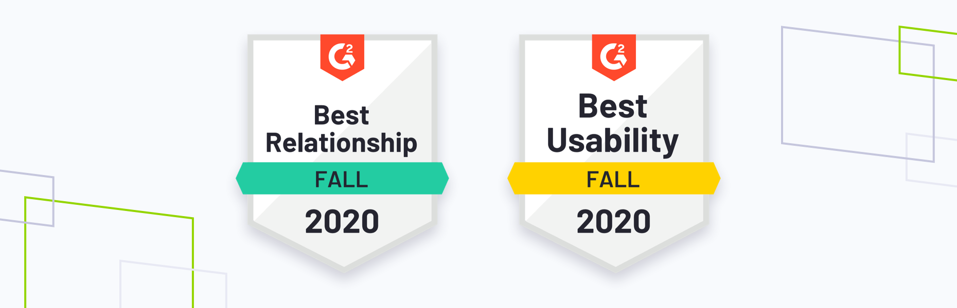 G2 Fall 2020 badges with brand shapes