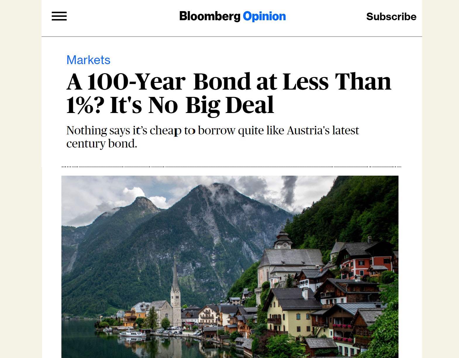 Artykuł z Bloomberg na temat super niskiego oprocentowania pożyczki zaciągniętej przez Austrię
