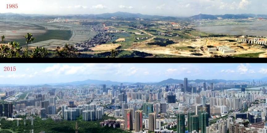Zdjęcie przedstawiające Shenzhen w 1985 i 2015 i różnicę jak bardzo to miasto się rozwinęło w ciągu 30 lat