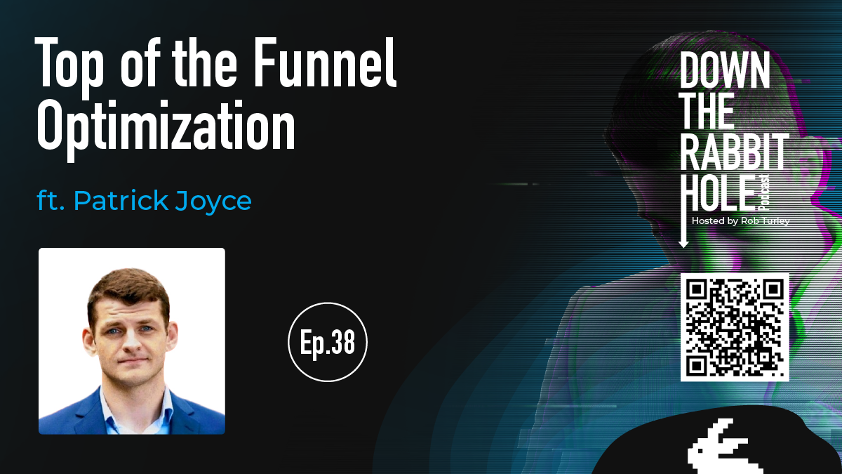 White text with small portrait over blue gradient and black background