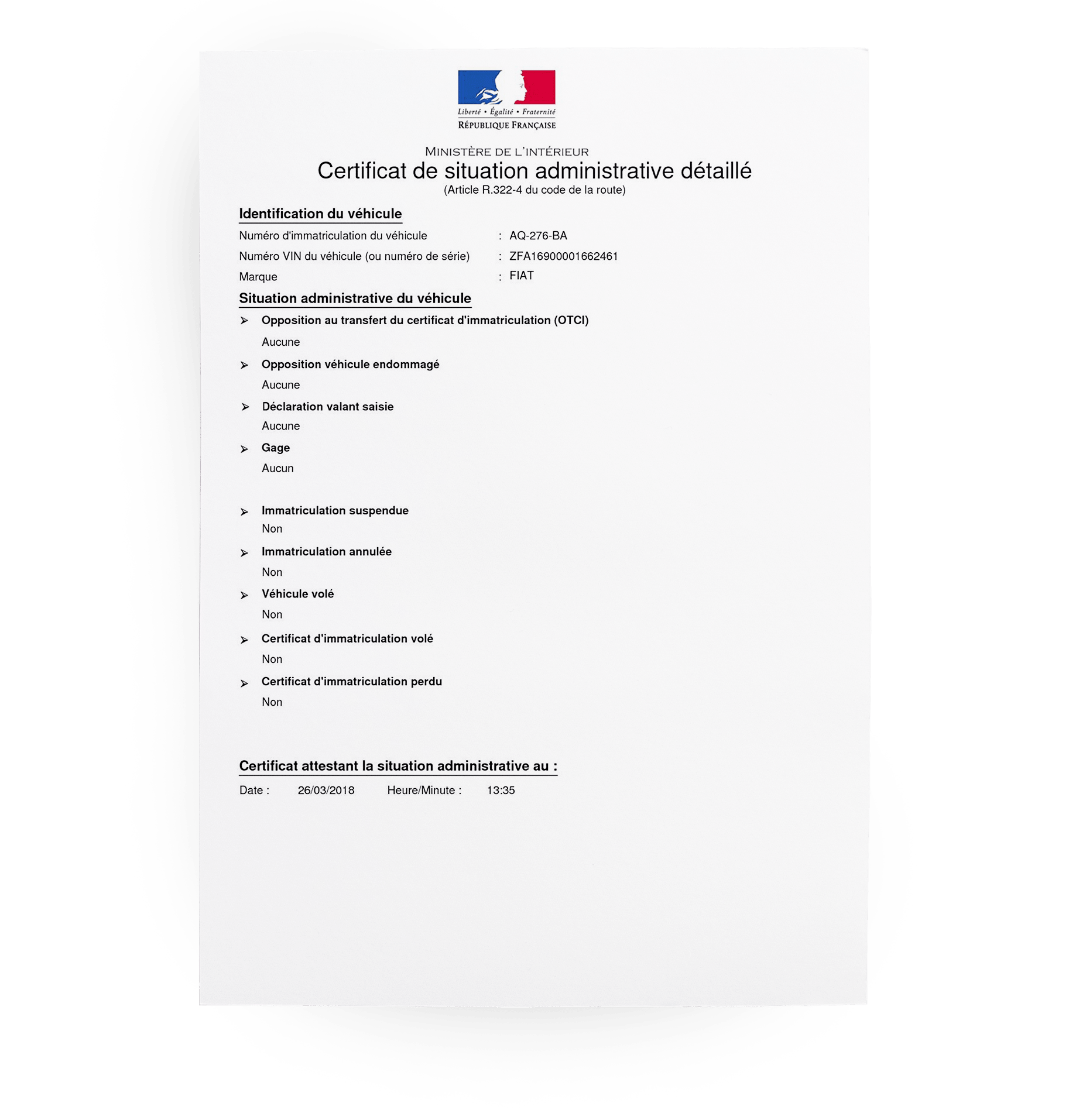 certificat de non-gage