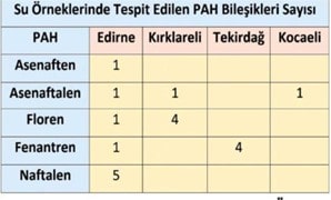 Su örneklerinde tespit edilen PAH bileşikleri sayısının illere göre dağılımı tablosu