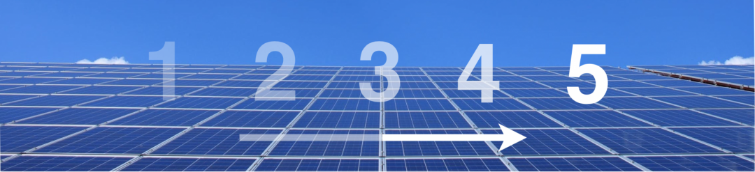 Fünf Zahlen auf einer Solaranlage, die die fünf Schritte der Anschaffung einer PV-Anlage in München symbolisieren
