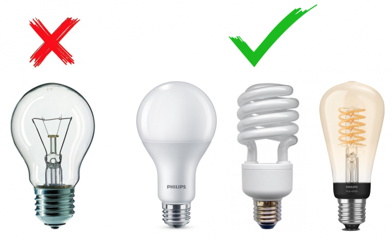 eine Glühbirne, zwei Energiesparlampen und eine LED-Lampe zum Strom sparen