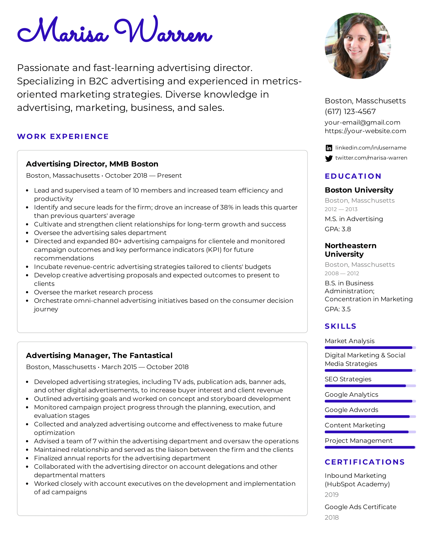 Advertising Director Resume Example