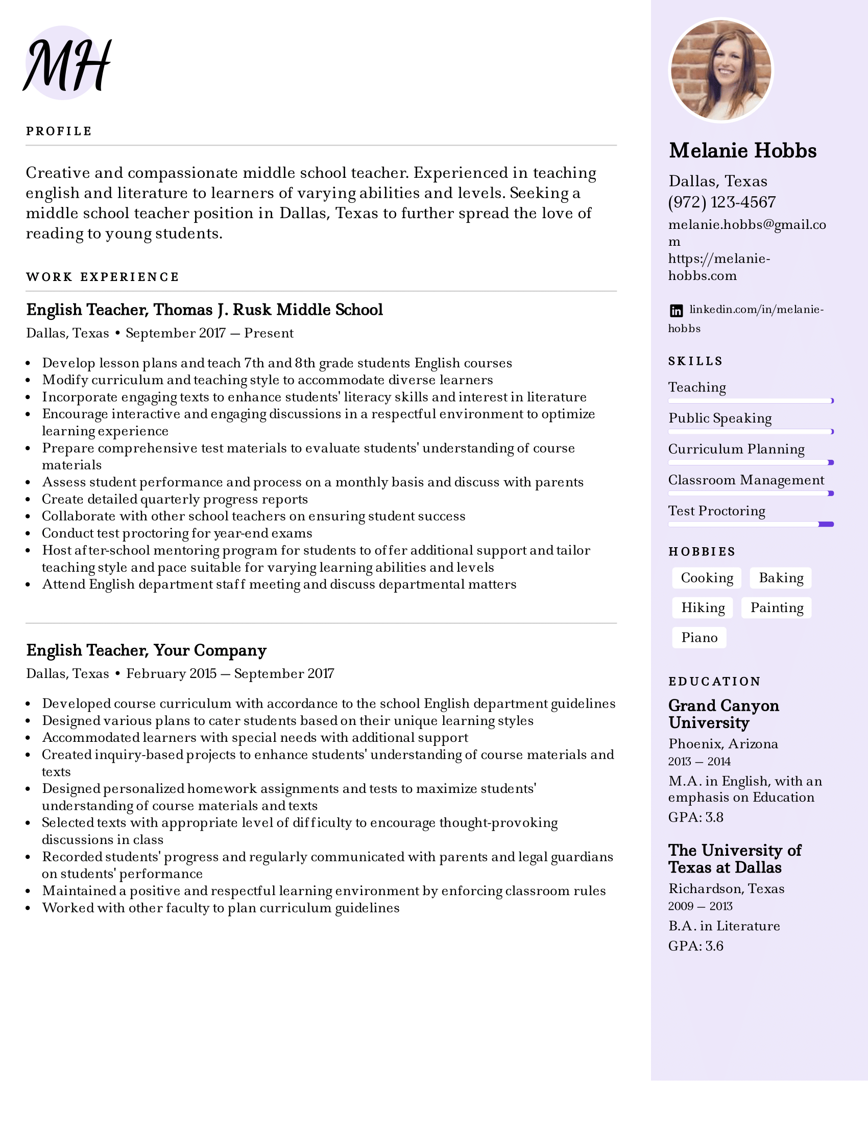 Middle School Teacher Resume Example Writing Tips For 2021