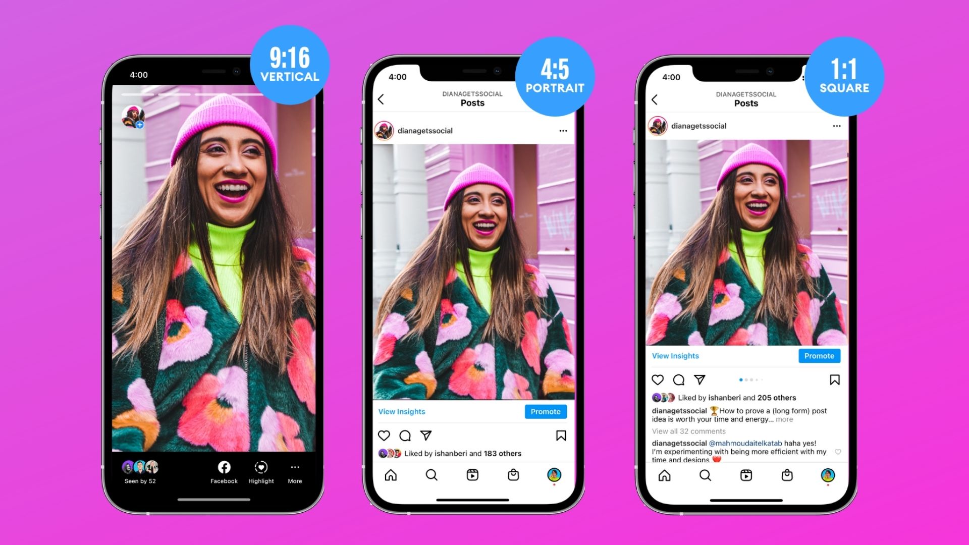image of three iphones on a purple gradient background. Each phone shows a different instagram video post size from vertical 9:16 to 4:5 portrait and 1:1 square videos.