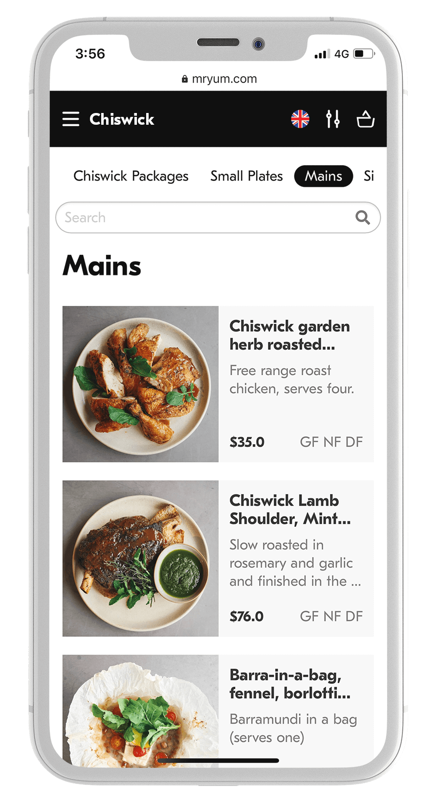 Mobile phone showing Mr Yum menu for contactless ordering
