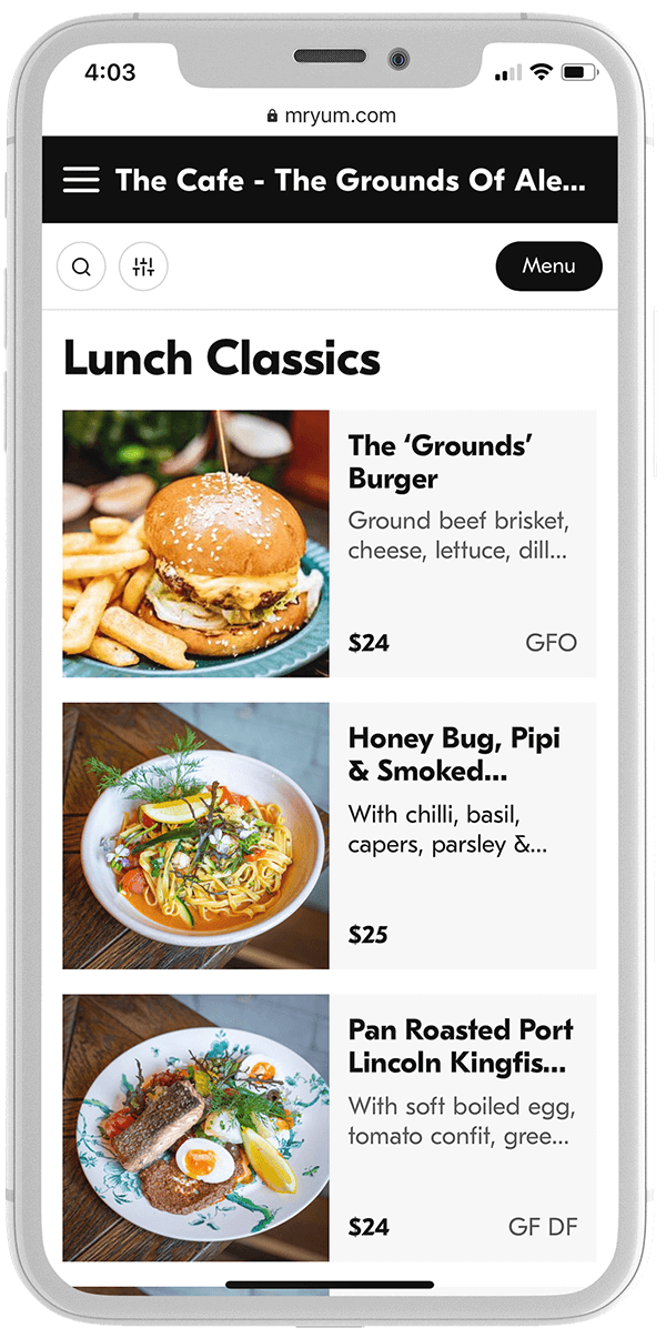 Venue Menu Screenshot Mobile