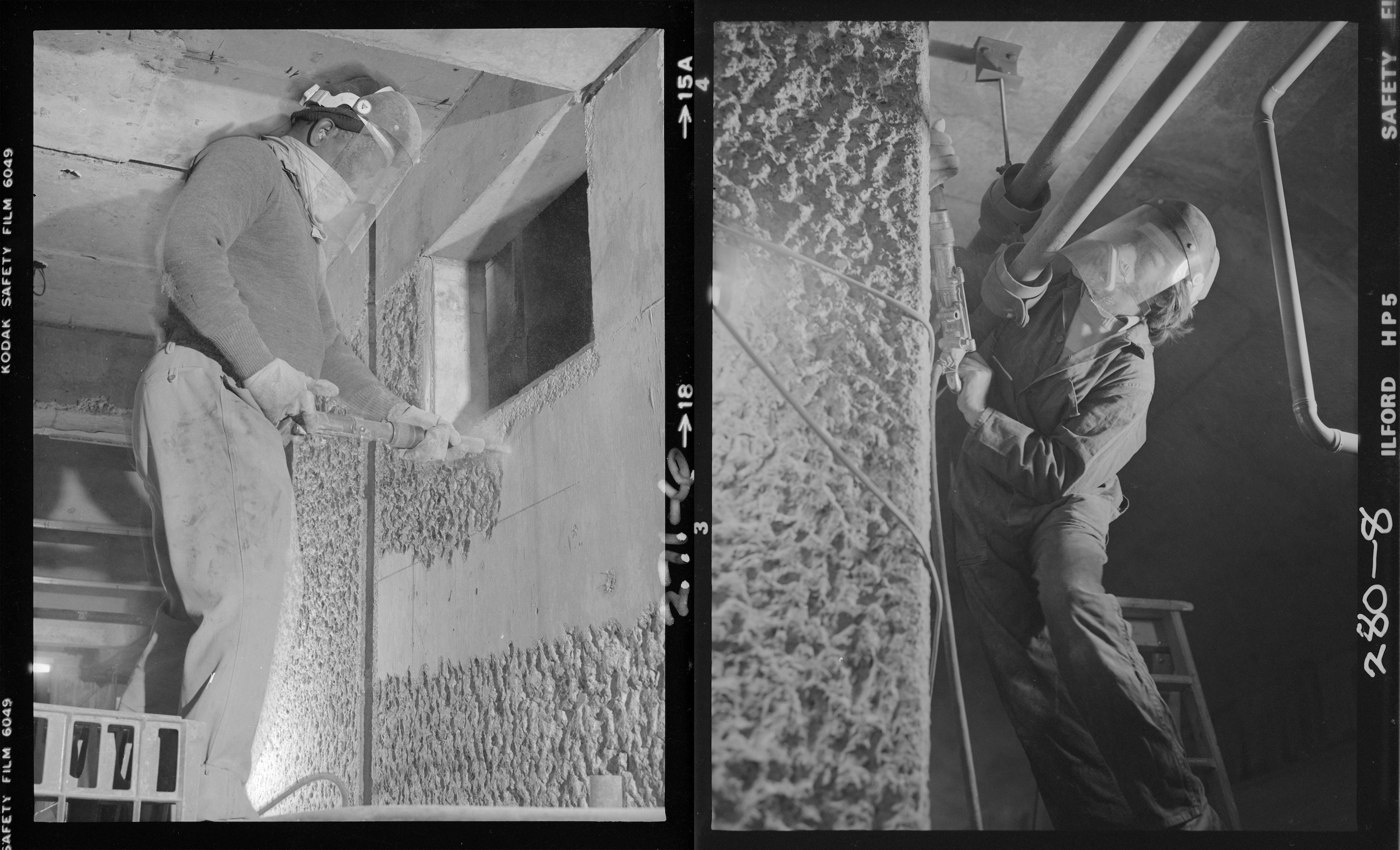 Archival images of construction workers bush-hammering the concrete walls by hand at the Barbican, November 1979. Photographs: Peter Bloomfield.
