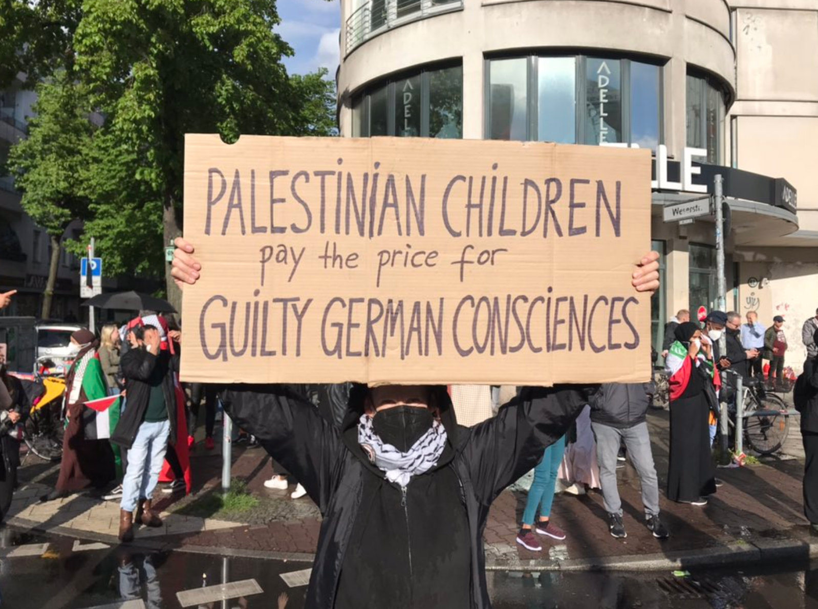 A demonstrator at Berlin's Nakba Day protest, May 15, 2021. Photo via @amroali, Twitter.