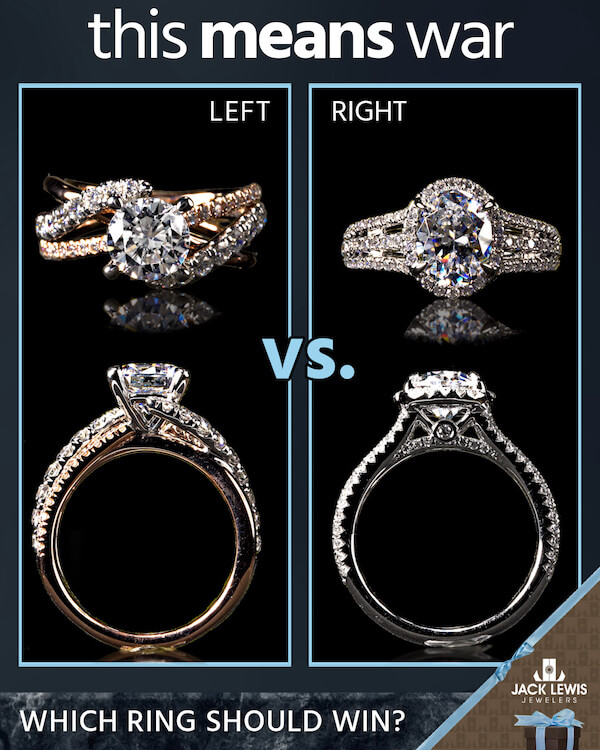 A rose gold and white gold diamond engagement ring with a round center stone is on the left and a white gold engagement ring with an oval diamond and halo is on the right