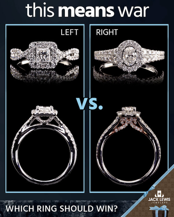 A white gold diamond engagement ring with a square cut center diamond is on the left and a white gold diamond engagement ring with an oval cut center diamond is on the right