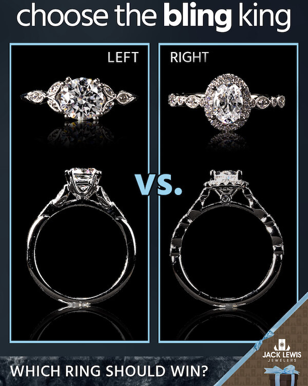 On the LEFT – a semi-mount, split-shank, Victorian-style, Gabriel engagement ring in 14k white gold, featuring a setting for a round diamond, with a trio of delicate diamond and milgrain petals on either shoulder (.07cttw). $950
On the RIGHT – a semi-mount, classic Fana engagement ring in 14k white gold, featuring a halo setting for an oval center stone, with a detailed milgrain diamond band. (.29cttw). $1600