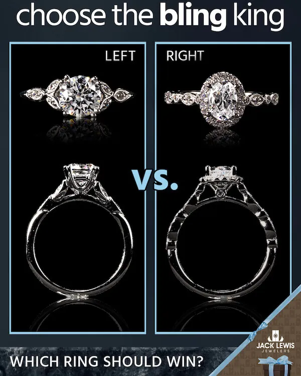 On the LEFT – a semi-mount, split-shank, Victorian-style, Gabriel engagement ring in 14k white gold, featuring a setting for a round diamond, with a trio of delicate diamond and milgrain petals on either shoulder (.07cttw). $950
On the RIGHT – a semi-mount, classic Fana engagement ring in 14k white gold, featuring a halo setting for an oval center stone, with a detailed milgrain diamond band. (.29cttw). $1600
