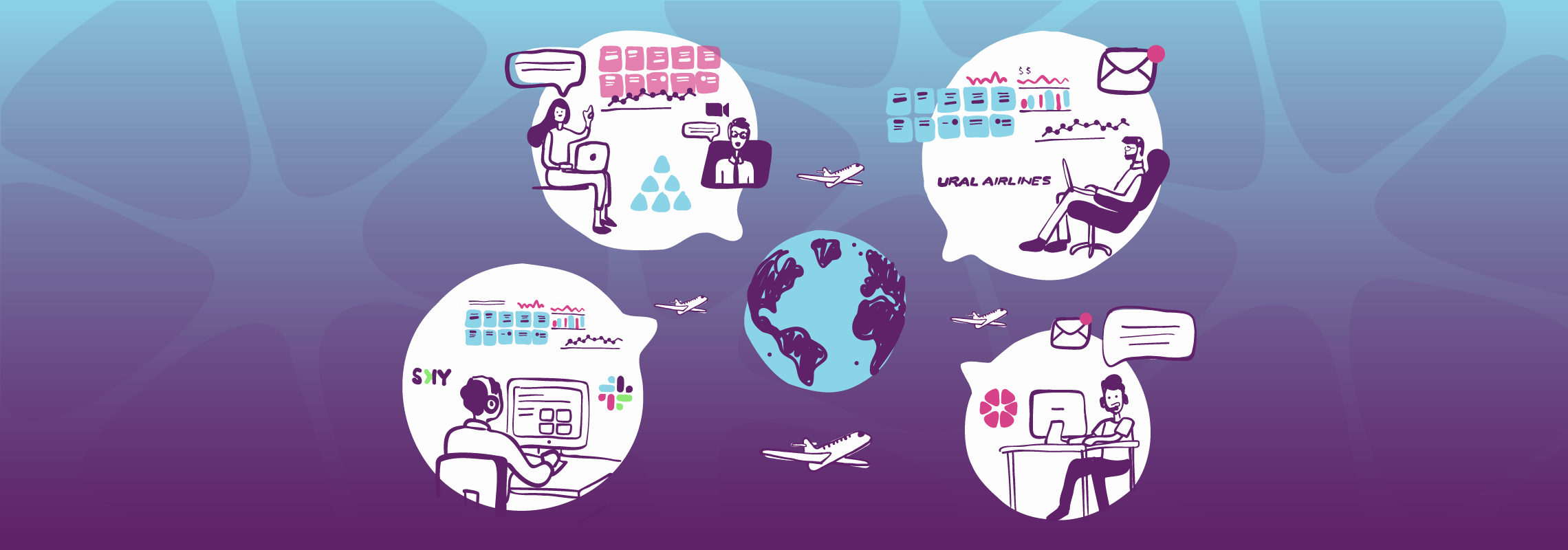 Illustration of Kambr's remote onboarding process of their revenue management software for analysts with customers SKY Airline and Ural Airlines.
