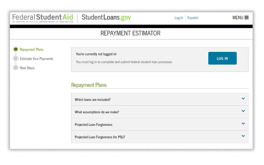 Screenshot of student loans.gov repayment estimator