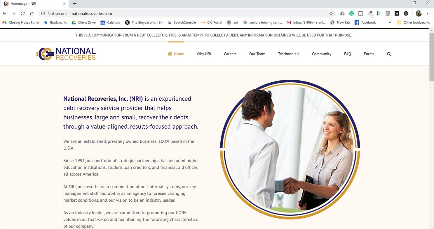 Screenshot of National Recoveries homepage.