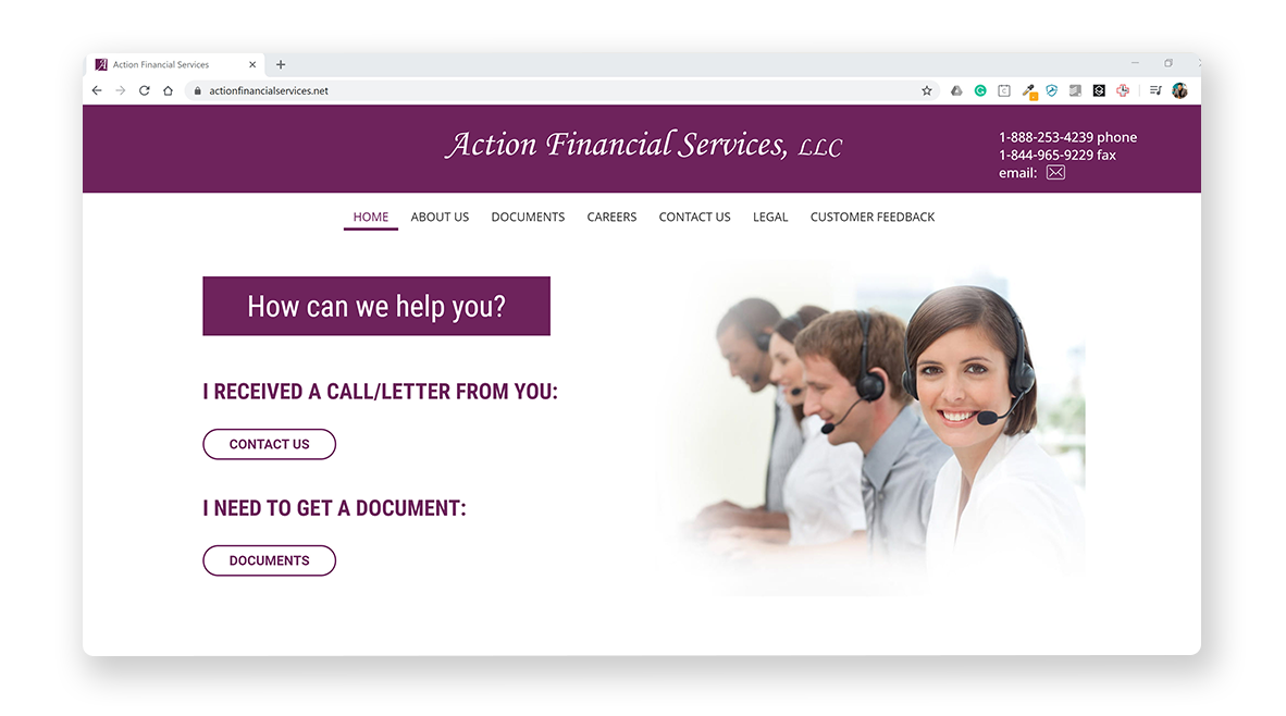 Screenshot of Action Financial Services Homepage