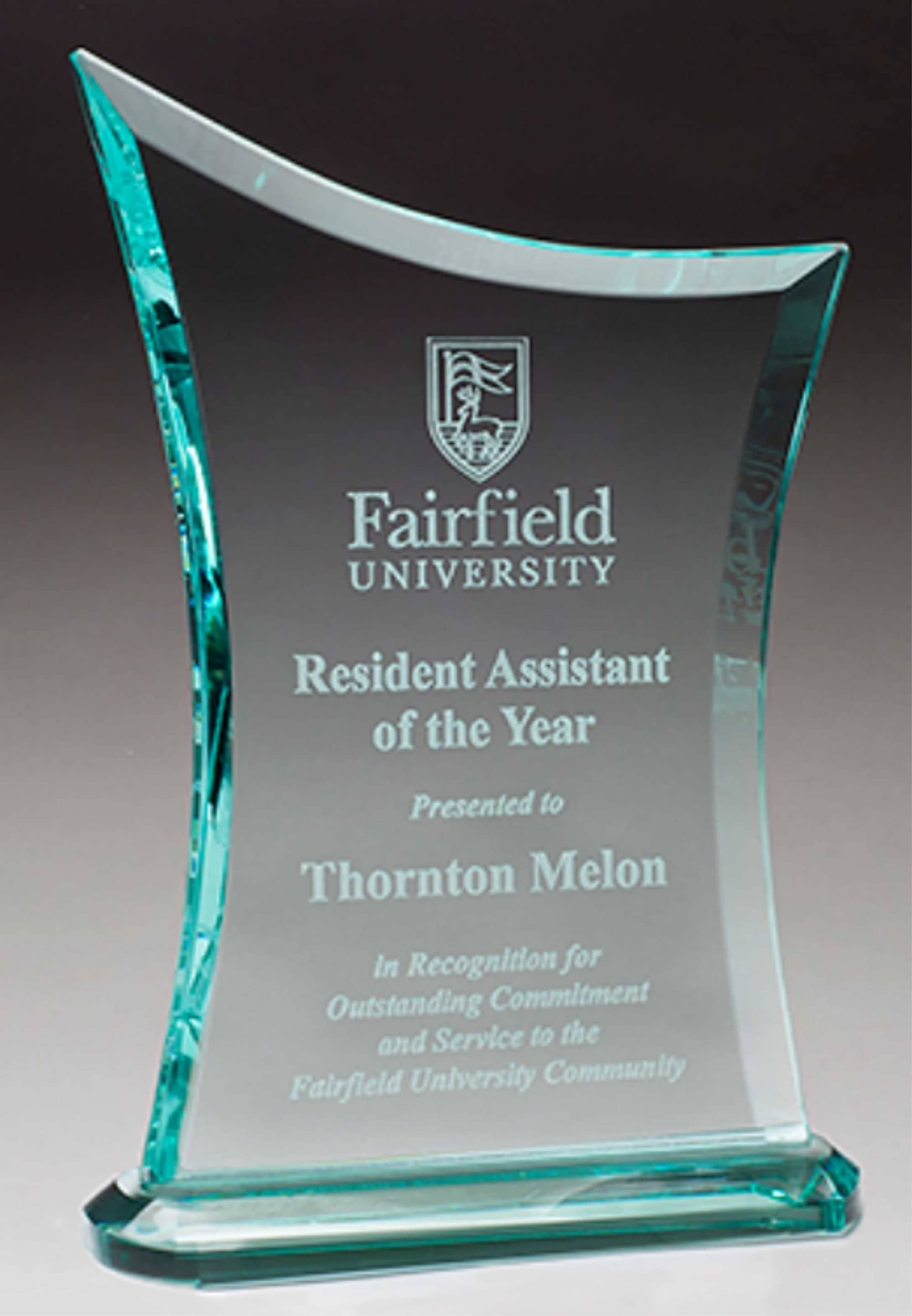 Contemporary Jade Glass Award with Oval Shaped Base Mineola Trophy