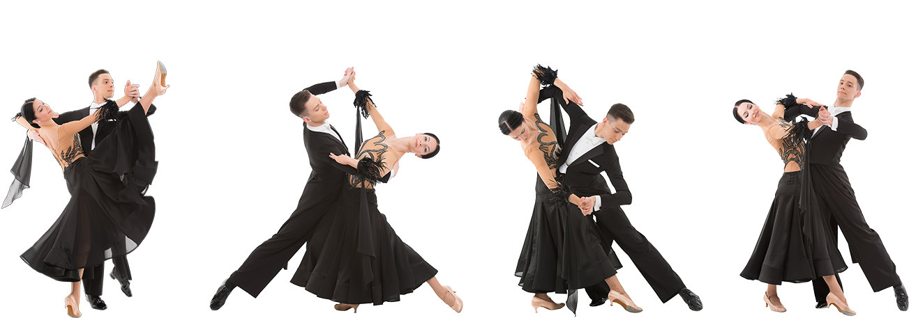 four couples dancing ballroom in dance costumes