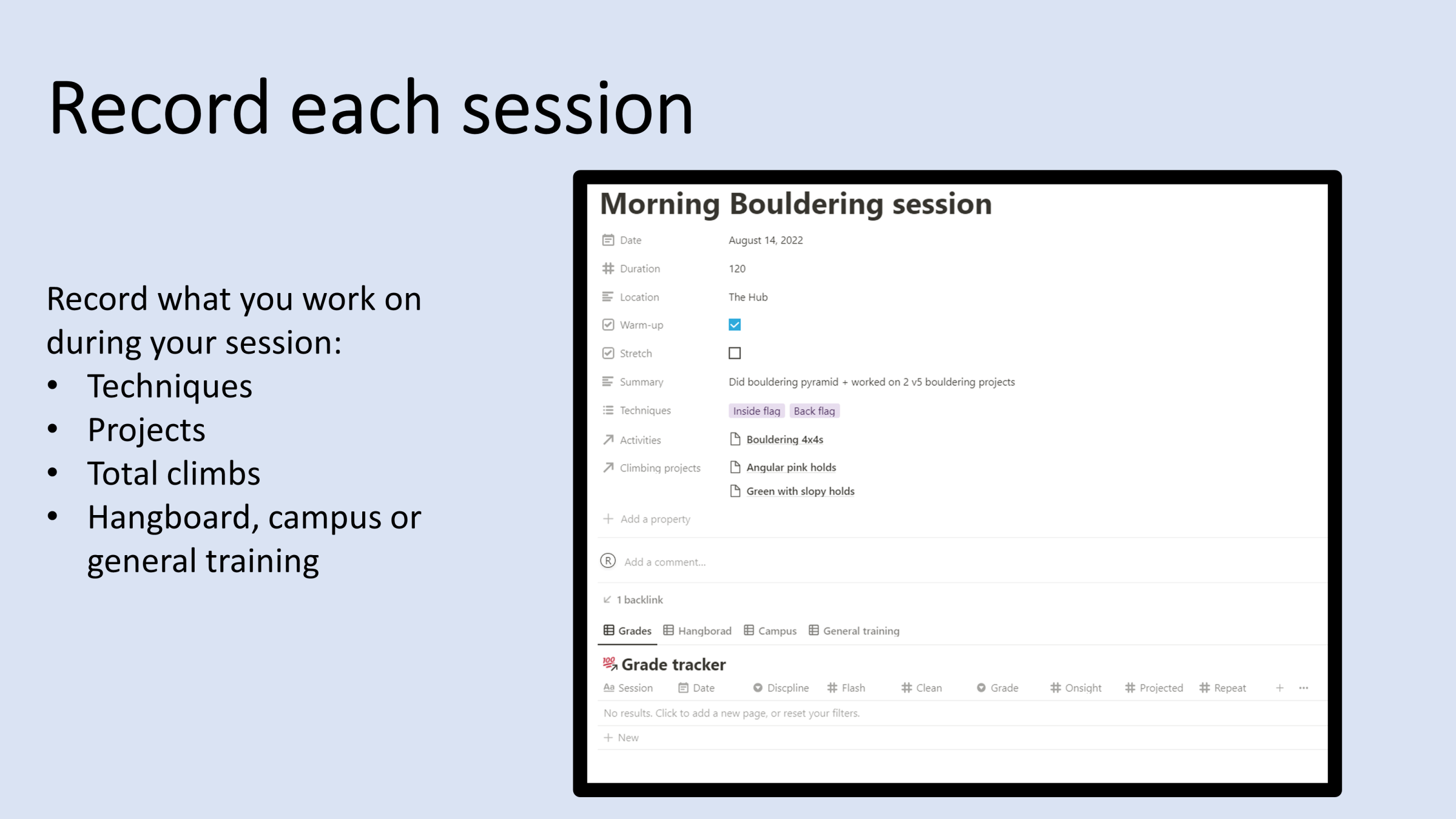 Climbing training tracker Notion Everything
