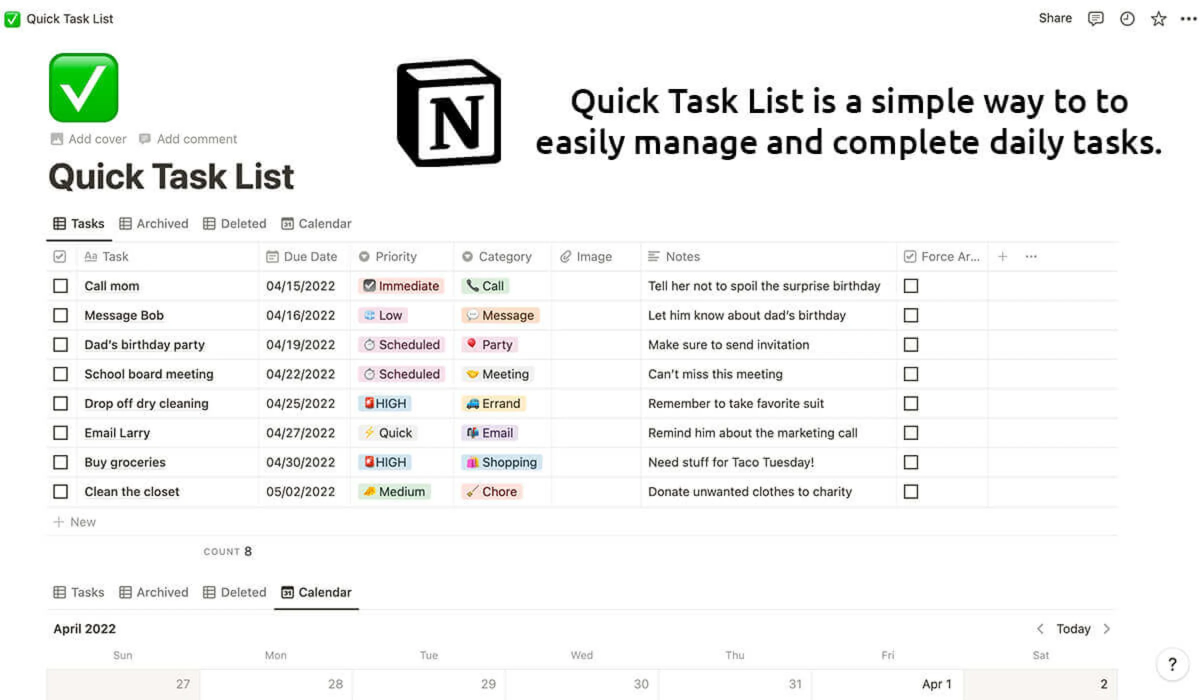 Quick Task List | Notion Everything