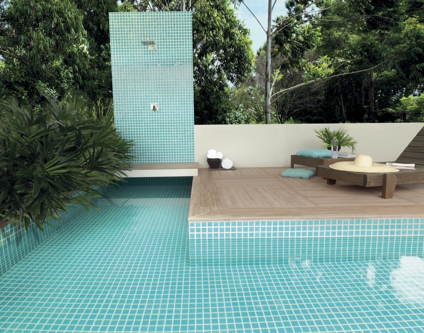 área externa piscina porcelanato madeira