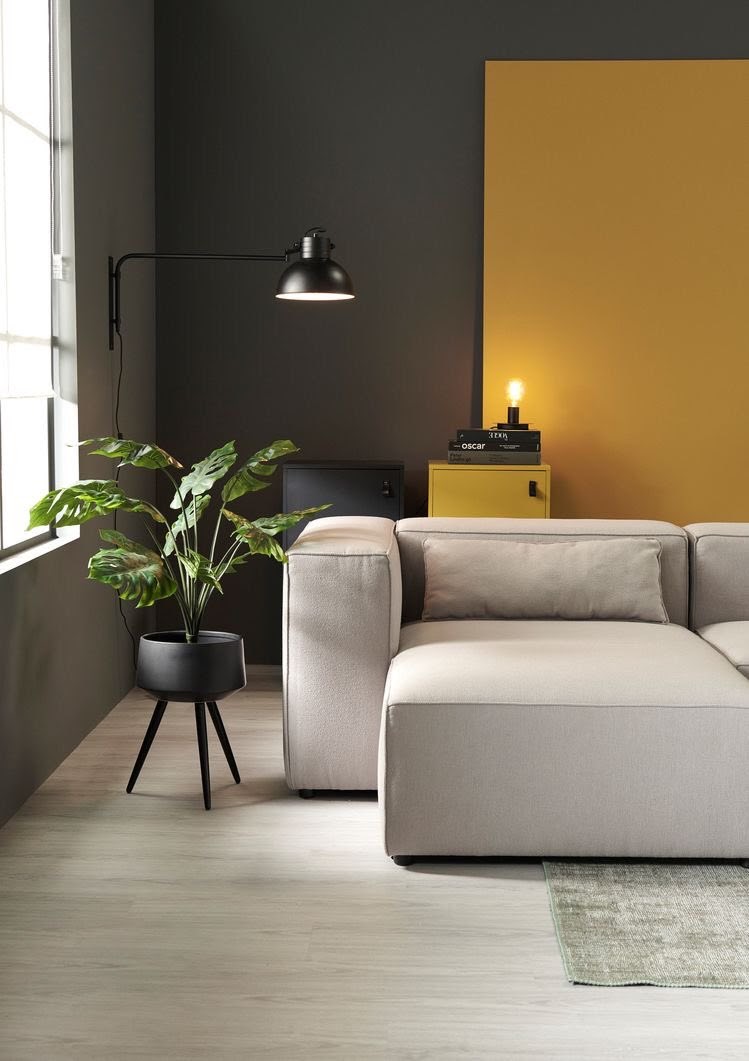 sala de estar decoração cinza e amarelo
