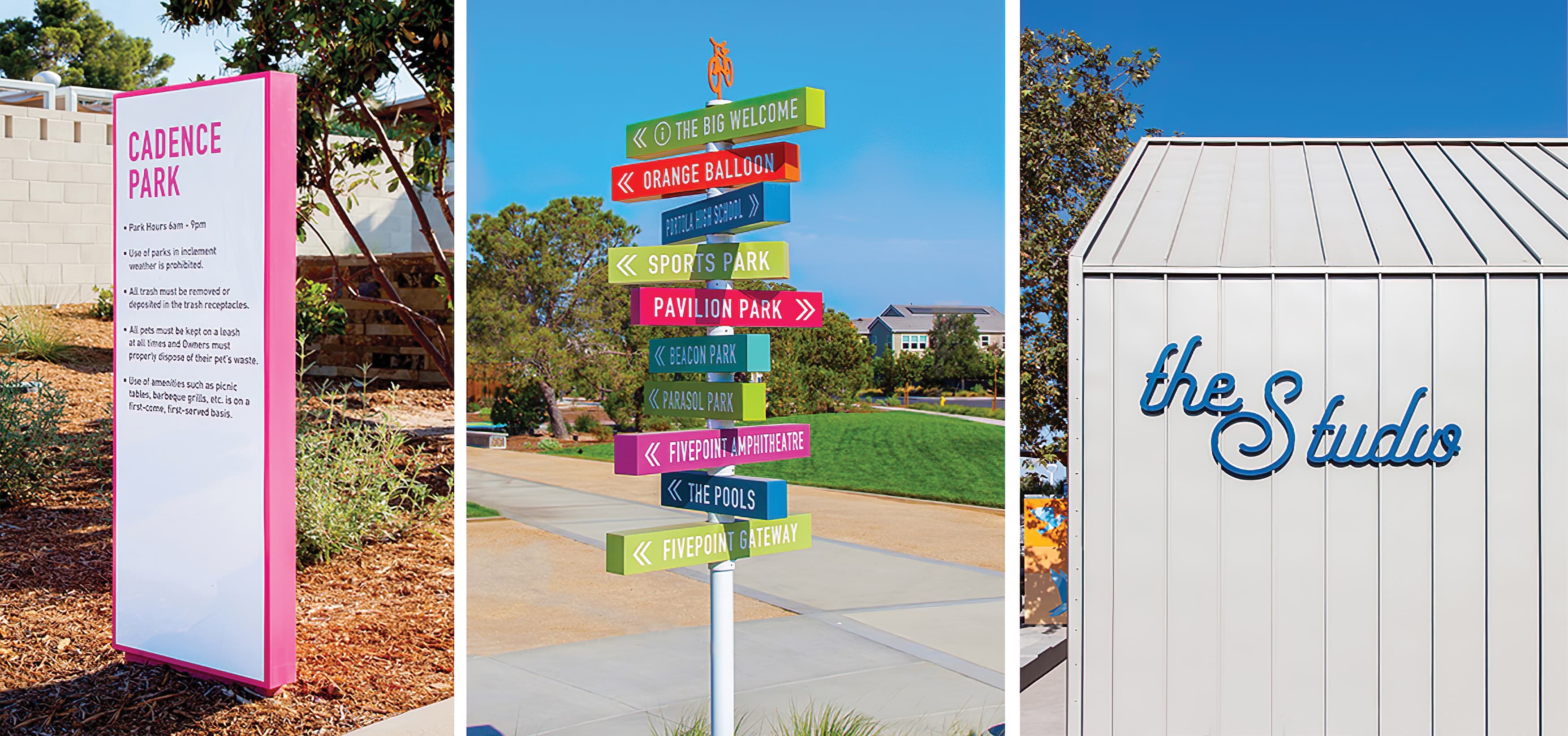 Cadence Park, a park within the Great Park Neighborhood in Irvine, California. RSM Design prepared Wayfinding Signage and Environmental Graphics. Signage Design. Directional Signage. Park Signage.