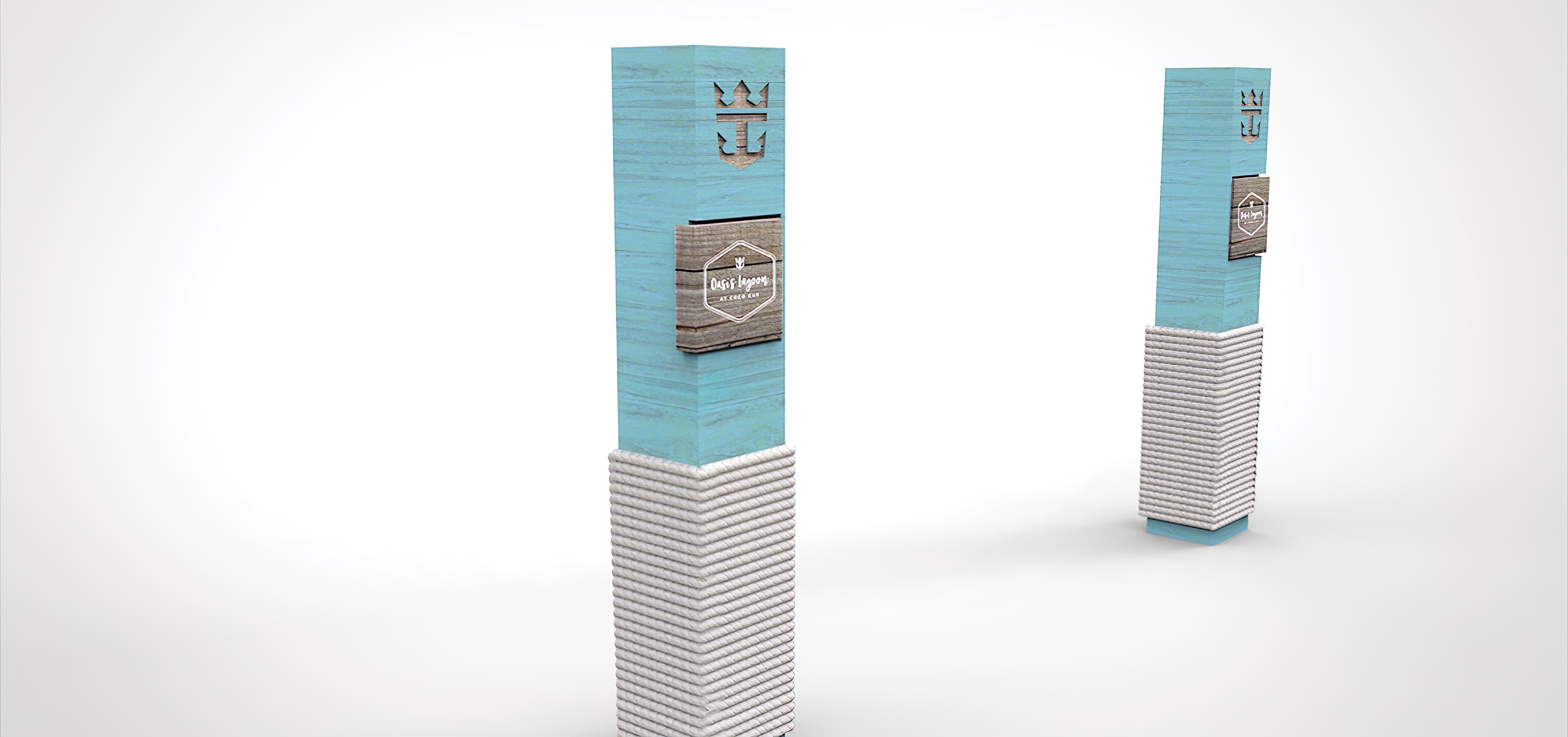 RSM Design developed a series of sculptural identity and wayfinding pieces for Coco Cay, an island in the Bahamas owned by Royal Caribbean.