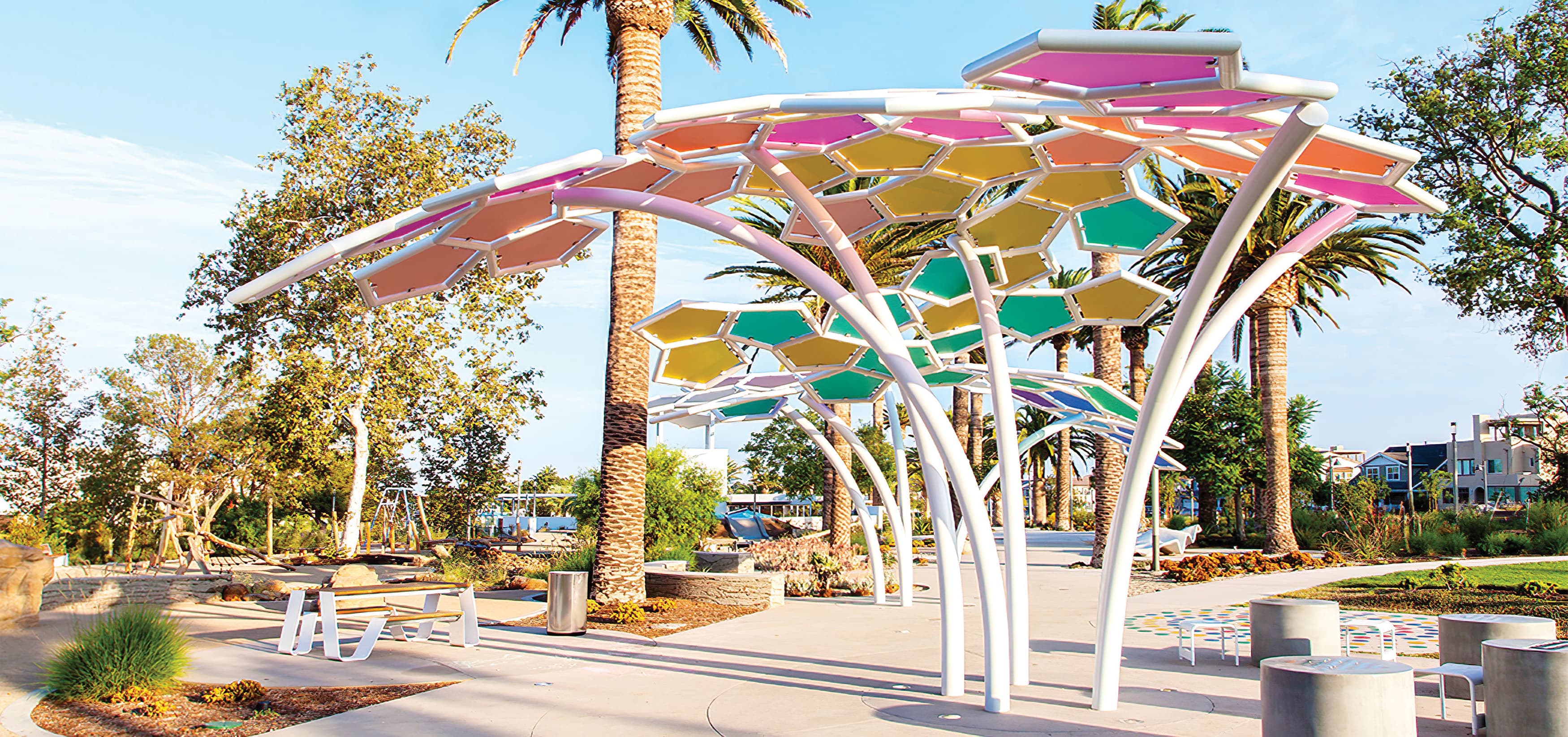 The Pools, a residential community park in Irvine, California. RSM Design prepared identity signage and regulatory signage. Sculptural Design. Park Design.
