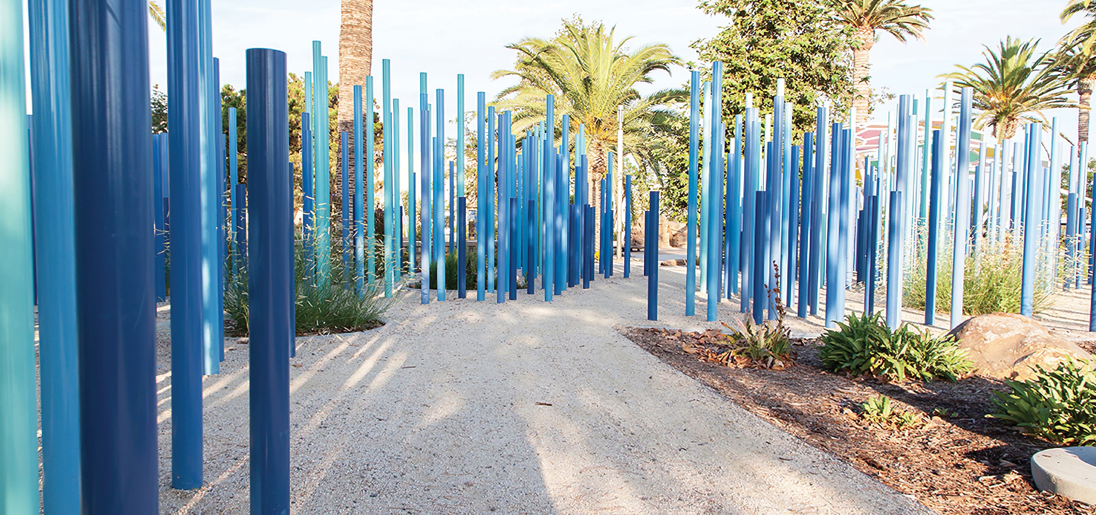 The Pools, a residential community park in Irvine, California. RSM Design prepared identity signage and regulatory signage. Sculptural Design. Park Design.