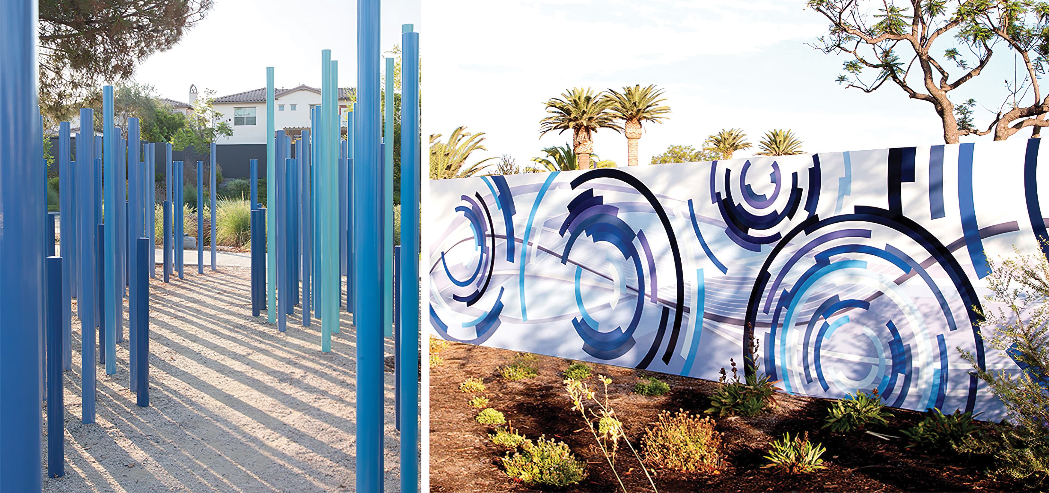 The Pools, a residential community park in Irvine, California. RSM Design prepared identity signage and regulatory signage. Sculptural Design. Park Design. Mural Design. Public Art.