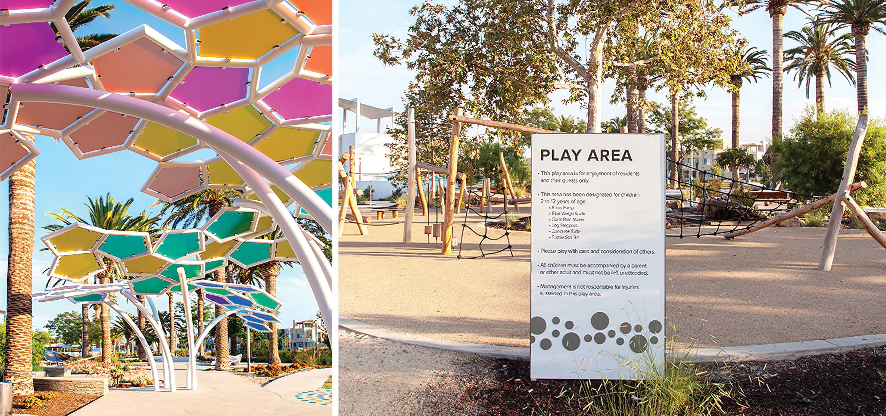 The Pools, a residential community park in Irvine, California. RSM Design prepared identity signage and regulatory signage. Sculptural Design. Park Design.